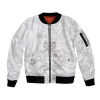 Tonga Faka Sepitema Sleeve Zip Bomber Jacket Ngatu and Floral Pattern with Blooming Hibiscus LT03 Unisex White - Polynesian Pride