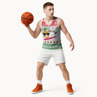 Hawaiian Mele Kalikimaka Basketball Jersey Funny Pineapple Surfing with Map Christmas Stripe Elements LT03 - Polynesian Pride