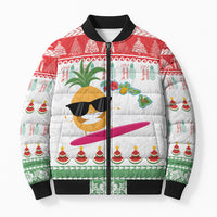 Hawaiian Mele Kalikimaka Bomber Puffer Jacket Funny Pineapple Surfing with Map Christmas Stripe Elements LT03 Unisex Multicolor - Polynesian Pride