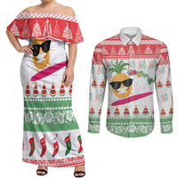 Hawaiian Mele Kalikimaka Couples Matching Off Shoulder Maxi Dress and Long Sleeve Button Shirt Funny Pineapple Surfing with Map Christmas Stripe Elements LT03 Multicolor - Polynesian Pride