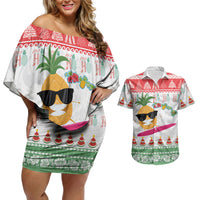Hawaiian Mele Kalikimaka Couples Matching Off Shoulder Short Dress and Hawaiian Shirt Funny Pineapple Surfing with Map Christmas Stripe Elements LT03 Multicolor - Polynesian Pride