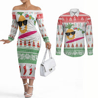 Hawaiian Mele Kalikimaka Couples Matching Off The Shoulder Long Sleeve Dress and Long Sleeve Button Shirt Funny Pineapple Surfing with Map Christmas Stripe Elements LT03 Multicolor - Polynesian Pride