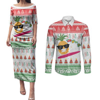 Hawaiian Mele Kalikimaka Couples Matching Puletasi and Long Sleeve Button Shirt Funny Pineapple Surfing with Map Christmas Stripe Elements LT03 Multicolor - Polynesian Pride