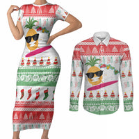 Hawaiian Mele Kalikimaka Couples Matching Short Sleeve Bodycon Dress and Long Sleeve Button Shirt Funny Pineapple Surfing with Map Christmas Stripe Elements LT03 Multicolor - Polynesian Pride