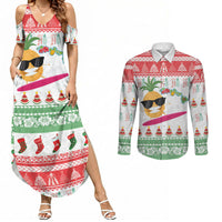 Hawaiian Mele Kalikimaka Couples Matching Summer Maxi Dress and Long Sleeve Button Shirt Funny Pineapple Surfing with Map Christmas Stripe Elements LT03 Multicolor - Polynesian Pride