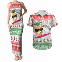 Hawaiian Mele Kalikimaka Couples Matching Tank Maxi Dress and Hawaiian Shirt Funny Pineapple Surfing with Map Christmas Stripe Elements LT03 Multicolor - Polynesian Pride