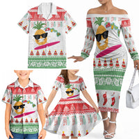 Hawaiian Mele Kalikimaka Family Matching Off The Shoulder Long Sleeve Dress and Hawaiian Shirt Funny Pineapple Surfing with Map Christmas Stripe Elements LT03 - Polynesian Pride