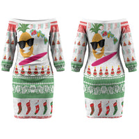 Hawaiian Mele Kalikimaka Family Matching Off The Shoulder Long Sleeve Dress and Hawaiian Shirt Funny Pineapple Surfing with Map Christmas Stripe Elements LT03 Mom's Dress Multicolor - Polynesian Pride