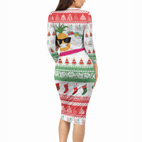 Hawaiian Mele Kalikimaka Long Sleeve Bodycon Dress Funny Pineapple Surfing with Map Christmas Stripe Elements LT03 - Polynesian Pride