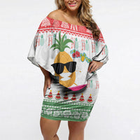 Hawaiian Mele Kalikimaka Off Shoulder Short Dress Funny Pineapple Surfing with Map Christmas Stripe Elements LT03 Women Multicolor - Polynesian Pride