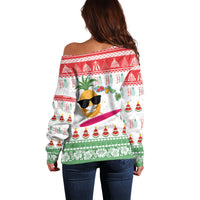 Hawaiian Mele Kalikimaka Off Shoulder Sweater Funny Pineapple Surfing with Map Christmas Stripe Elements LT03 - Polynesian Pride