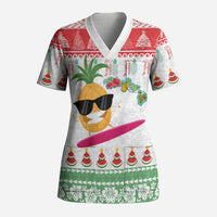 Hawaiian Mele Kalikimaka Scrub Top Funny Pineapple Surfing with Map Christmas Stripe Elements LT03 Adult Multicolor - Polynesian Pride