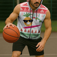 Hawaiian Mele Kalikimaka Sleeveless Zip Hoodie Funny Pineapple Surfing with Map Christmas Stripe Elements LT03 - Polynesian Pride
