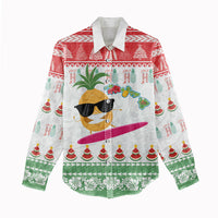 Hawaiian Mele Kalikimaka Women Casual Shirt Funny Pineapple Surfing with Map Christmas Stripe Elements LT03 - Polynesian Pride