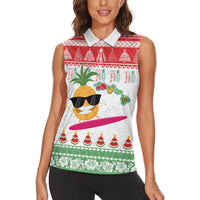 Hawaiian Mele Kalikimaka Women Sleeveless Polo Shirt Funny Pineapple Surfing with Map Christmas Stripe Elements LT03 - Polynesian Pride