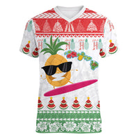 Hawaiian Mele Kalikimaka Women V-Neck T-Shirt Funny Pineapple Surfing with Map Christmas Stripe Elements LT03 Female Multicolor - Polynesian Pride