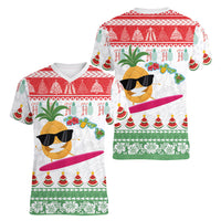 Hawaiian Mele Kalikimaka Women V-Neck T-Shirt Funny Pineapple Surfing with Map Christmas Stripe Elements LT03 - Polynesian Pride