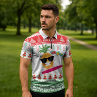 Hawaiian Mele Kalikimaka Zipper Polo Shirt Funny Pineapple Surfing with Map Christmas Stripe Elements LT03 - Polynesian Pride