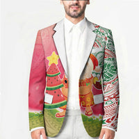 Hawaiian Watermelon Mele Kalikimaka Blazer Tropical Tribal Pattern with Funny Santa Claus LT03 - Polynesian Pride