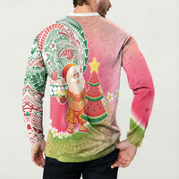 Hawaiian Watermelon Mele Kalikimaka Button Sweatshirt Tropical Tribal Pattern with Funny Santa Claus LT03 - Polynesian Pride