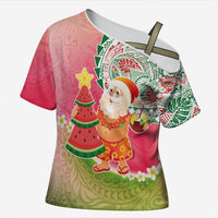 Hawaiian Watermelon Mele Kalikimaka Cross Shoulder Shirt Tropical Tribal Pattern with Funny Santa Claus LT03 Female Multicolor - Polynesian Pride