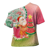 Hawaiian Watermelon Mele Kalikimaka Cross Shoulder Shirt Tropical Tribal Pattern with Funny Santa Claus LT03 - Polynesian Pride