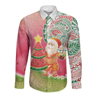 Hawaiian Watermelon Mele Kalikimaka Long Sleeve Button Shirt Tropical Tribal Pattern with Funny Santa Claus LT03 Unisex Multicolor - Polynesian Pride