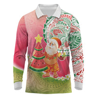 Hawaiian Watermelon Mele Kalikimaka Long Sleeve Polo Shirt Tropical Tribal Pattern with Funny Santa Claus LT03 Multicolor - Polynesian Pride