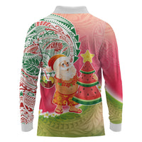 Hawaiian Watermelon Mele Kalikimaka Long Sleeve Polo Shirt Tropical Tribal Pattern with Funny Santa Claus LT03 - Polynesian Pride