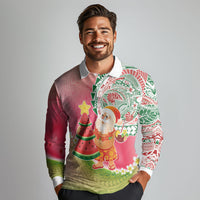 Hawaiian Watermelon Mele Kalikimaka Long Sleeve Polo Shirt Tropical Tribal Pattern with Funny Santa Claus LT03 - Polynesian Pride