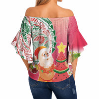 Hawaiian Watermelon Mele Kalikimaka Off Shoulder Wrap Waist Top Tropical Tribal Pattern with Funny Santa Claus LT03 - Polynesian Pride