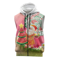 Hawaiian Watermelon Mele Kalikimaka Sleeveless Zip Hoodie Tropical Tribal Pattern with Funny Santa Claus LT03 Multicolor - Polynesian Pride