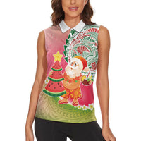 Hawaiian Watermelon Mele Kalikimaka Women Sleeveless Polo Shirt Tropical Tribal Pattern with Funny Santa Claus LT03 - Polynesian Pride