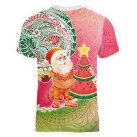 Hawaiian Watermelon Mele Kalikimaka Women V-Neck T-Shirt Tropical Tribal Pattern with Funny Santa Claus LT03 - Polynesian Pride