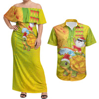 Hawaiian Mango Mele Kalikimaka Couples Matching Off Shoulder Maxi Dress and Hawaiian Shirt Santa Claus Surfing with Turtle Mango Christmas LT03 Multicolor - Polynesian Pride