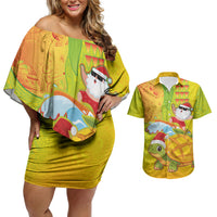 Hawaiian Mango Mele Kalikimaka Couples Matching Off Shoulder Short Dress and Hawaiian Shirt Santa Claus Surfing with Turtle Mango Christmas LT03 Multicolor - Polynesian Pride