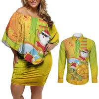 Hawaiian Mango Mele Kalikimaka Couples Matching Off Shoulder Short Dress and Long Sleeve Button Shirt Santa Claus Surfing with Turtle Mango Christmas LT03 Multicolor - Polynesian Pride