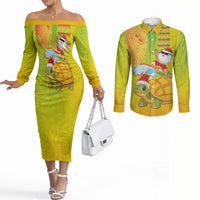 Hawaiian Mango Mele Kalikimaka Couples Matching Off The Shoulder Long Sleeve Dress and Long Sleeve Button Shirt Santa Claus Surfing with Turtle Mango Christmas LT03 Multicolor - Polynesian Pride