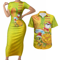 Hawaiian Mango Mele Kalikimaka Couples Matching Short Sleeve Bodycon Dress and Hawaiian Shirt Santa Claus Surfing with Turtle Mango Christmas LT03 Multicolor - Polynesian Pride