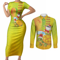 Hawaiian Mango Mele Kalikimaka Couples Matching Short Sleeve Bodycon Dress and Long Sleeve Button Shirt Santa Claus Surfing with Turtle Mango Christmas LT03 Multicolor - Polynesian Pride