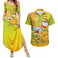 Hawaiian Mango Mele Kalikimaka Couples Matching Summer Maxi Dress and Hawaiian Shirt Santa Claus Surfing with Turtle Mango Christmas LT03 Multicolor - Polynesian Pride
