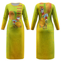 Hawaiian Mango Mele Kalikimaka Family Matching Long Sleeve Bodycon Dress and Hawaiian Shirt Santa Claus Surfing with Turtle Mango Christmas LT03 Mom's Dress Multicolor - Polynesian Pride