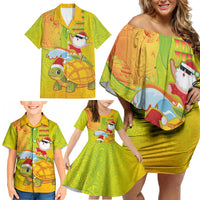 Hawaiian Mango Mele Kalikimaka Family Matching Off Shoulder Short Dress and Hawaiian Shirt Santa Claus Surfing with Turtle Mango Christmas LT03 - Polynesian Pride