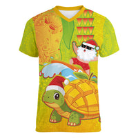 Hawaiian Mango Mele Kalikimaka Women V-Neck T-Shirt Santa Claus Surfing with Turtle Mango Christmas LT03 Female Multicolor - Polynesian Pride