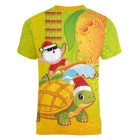Hawaiian Mango Mele Kalikimaka Women V-Neck T-Shirt Santa Claus Surfing with Turtle Mango Christmas LT03 - Polynesian Pride