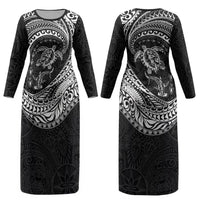 Hawaiian Turtle and Shark Couples Matching Long Sleeve Bodycon Dress and Hawaiian Shirt Kakau Tribal with Polynesian Pattern Black Color LT03 - Polynesian Pride