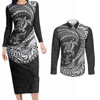 Hawaiian Turtle and Shark Couples Matching Long Sleeve Bodycon Dress and Long Sleeve Button Shirt Kakau Tribal with Polynesian Pattern Black Color LT03 Black - Polynesian Pride
