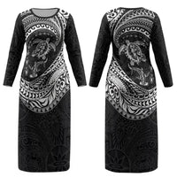 Hawaiian Turtle and Shark Couples Matching Long Sleeve Bodycon Dress and Long Sleeve Button Shirt Kakau Tribal with Polynesian Pattern Black Color LT03 - Polynesian Pride