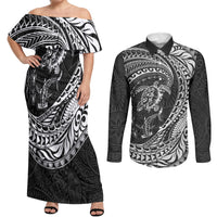 Hawaiian Turtle and Shark Couples Matching Off Shoulder Maxi Dress and Long Sleeve Button Shirt Kakau Tribal with Polynesian Pattern Black Color LT03 Black - Polynesian Pride