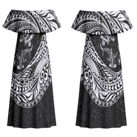 Hawaiian Turtle and Shark Couples Matching Off Shoulder Maxi Dress and Long Sleeve Button Shirt Kakau Tribal with Polynesian Pattern Black Color LT03 - Polynesian Pride